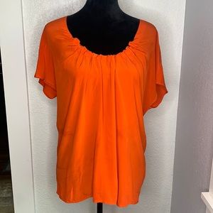 Joie burnt orange 100% silk short sleeve blouse top flattering gathered neckline